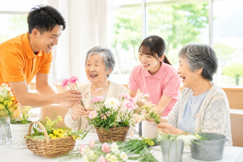 介護施設のスタッフと利用者が笑顔で花を飾り、心のこもったケアで豊かな日常を支える様子。