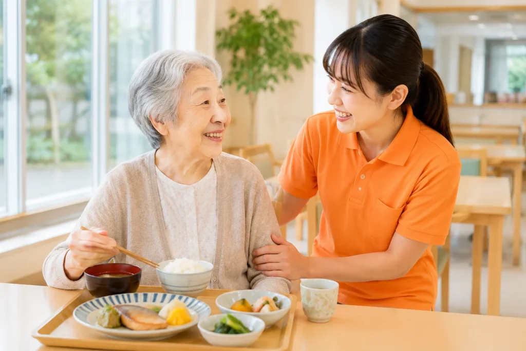 介護施設で、高齢の利用者が温かい食事を笑顔で楽しみ、介護スタッフが優しく寄り添う様子。