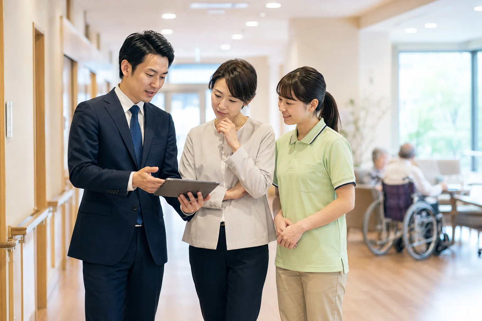介護施設の職員と専門家が、利用者様の安心な未来の福祉についてタブレットで情報共有する様子。