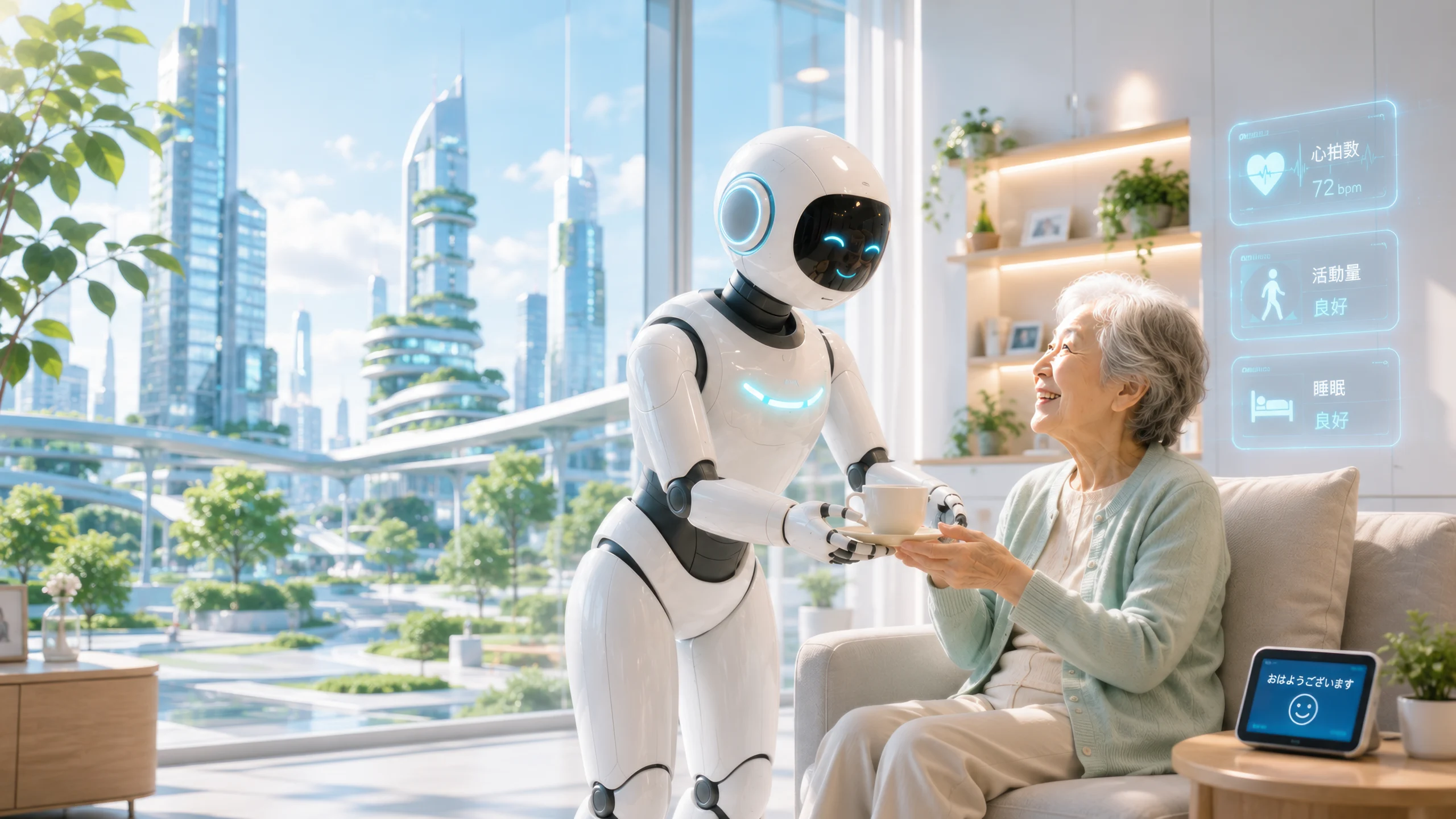 ウェルフューチャーの未来の介護施設で、AIロボットが高齢者に寄り添い、健康管理を含めた安心のスマートケアを提供する様子。